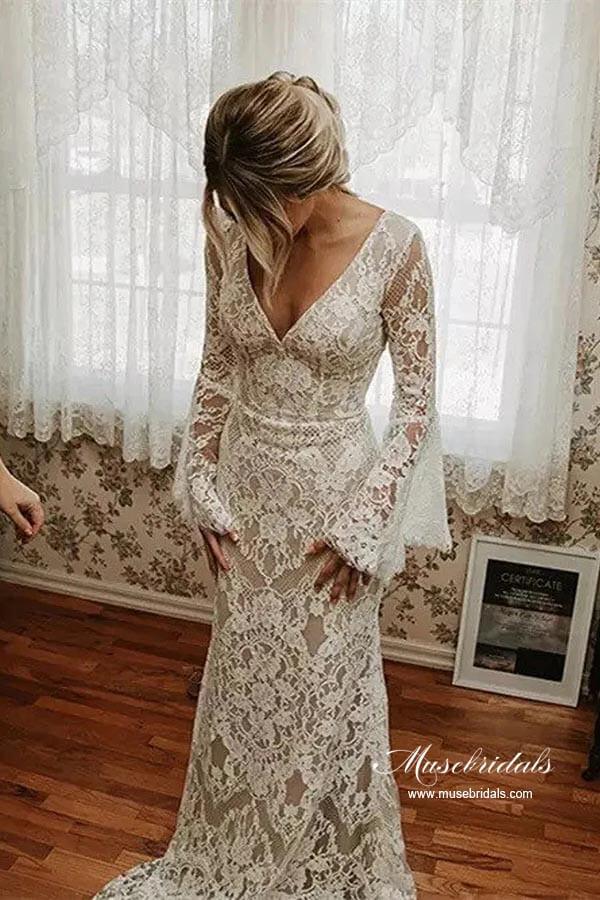 NumberSea-NumberSea Lace Mermaid V-neck Long Sleeves Backless Vintage Wedding Dresses, MW892 US6 / As Picture NumberSea-NumberSea Lace Mermaid V-neck Long Sleeves Backless Vintage Wedding Dresses, MW892 US6 / As Picture