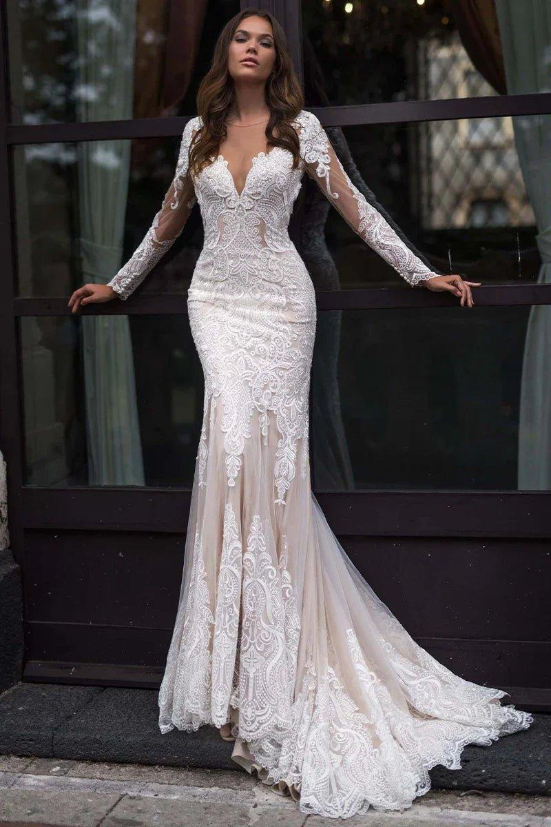 NumberSea-NumberSea Long Sleeves Mermaid Wedding Dress Champagne Lace Appliques Boho Bridal Gown vestido para boda playa