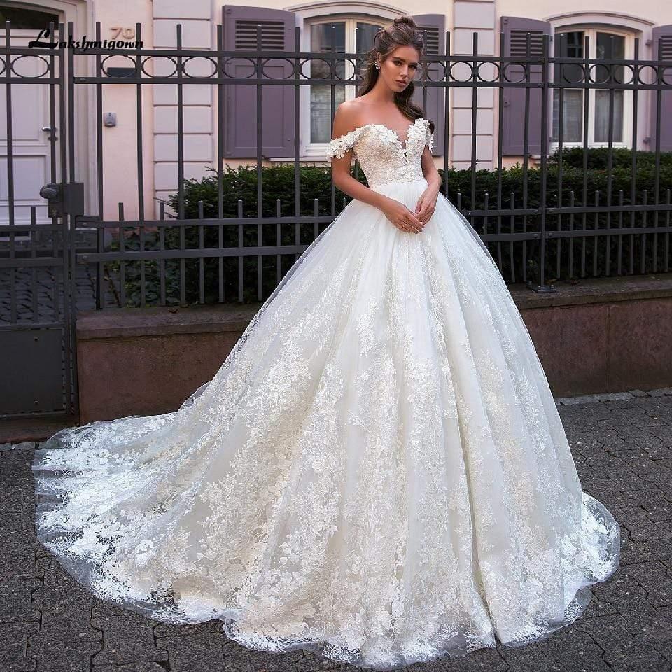 NumberSea-NumberSea Luxury Lace African Wedding Dress Ball Gown Off The Shoulder Ivory / 6