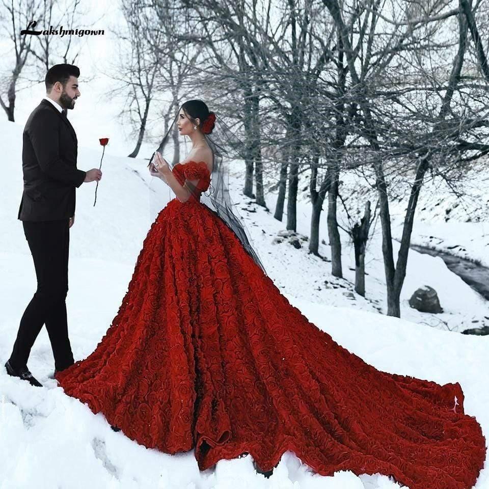 NumberSea-NumberSea Luxury Red Lace Foral Wedding Dresses Long Train