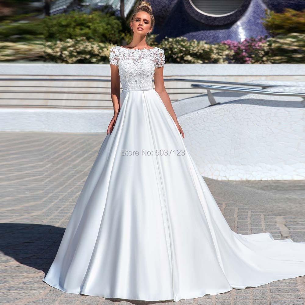 NumberSea-NumberSea Luxury Satin A Line Wedding Dresses with Pockets Top Full Beads Scoop Cap Sleeves Long Pleated Bridal Gowns Vestidos Noiva NumberSea-NumberSea Luxury Satin A Line Wedding Dresses with Pockets Top Full Beads Scoop Cap Sleeves Long Pleated Bridal Gowns Vestidos Noiva