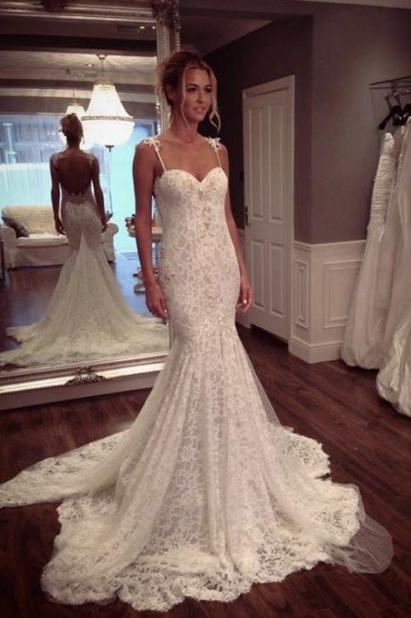 NumberSea-NumberSea Modest Lace Spaghetti Straps Mermaid Wedding Dresses, Summer Wedding Gowns, MW184 Custom Size / Custom Color NumberSea-NumberSea Modest Lace Spaghetti Straps Mermaid Wedding Dresses, Summer Wedding Gowns, MW184 Custom Size / Custom Color