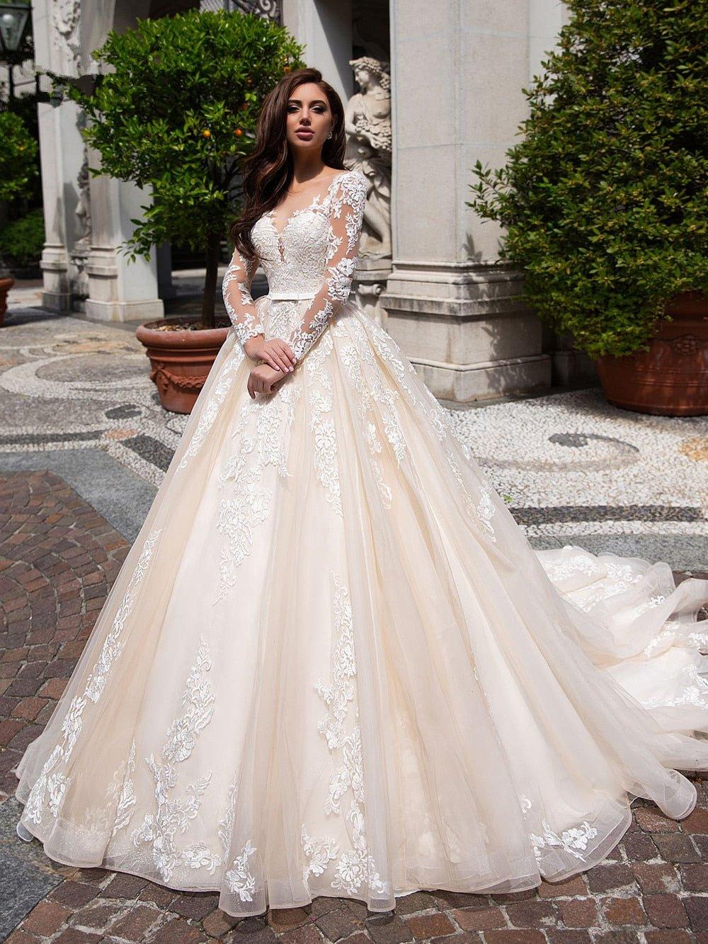 NumberSea-NumberSea Muslim Wedding Dresses Ball Gown Long Sleeves Tulle Appliques Lace Dubai Arabic Wedding Gown Bridal Dress Vestido de Noiva Ivory / NumberSea-NumberSea Muslim Wedding Dresses Ball Gown Long Sleeves Tulle Appliques Lace Dubai Arabic Wedding Gown Bridal Dress Vestido de Noiva Ivory /