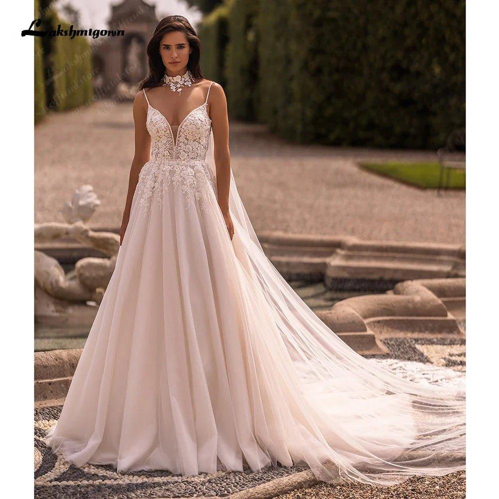 NumberSea-NumberSea NumberSea Women A Line Lace Wedding Dresses 2024 with  Cape Robes Femmes Chic Bridal Boho Beach Wedding Gowns Spaghetti Straps