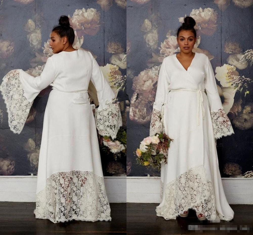 hippie wedding dress NumberSea Plus Size Hippie Wedding Dresses with Long Bell Sleeve Ivory / 20W