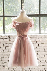 Off The Shoulder Pink Lace Tulle Short Prom Dress Homecoming Dress