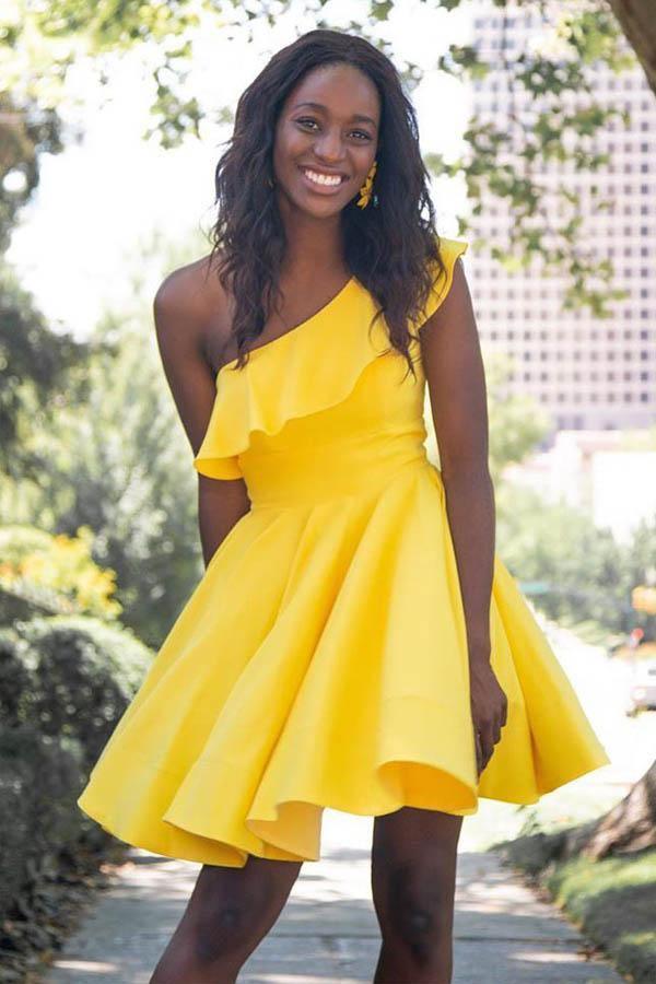 One Shoulder Ruffled Short Prom Dress Yellow Homecoming Dress Custom Size / Custom Color