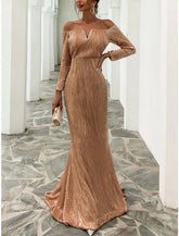 Meerjungfrau/Trompete Abendkleid Sparkle & Shine Schwarzes Kleid Formelles Herbstkleid Sweep/Pinselzug Langarm Schulterfrei Pailletten mit Glitzerfalten