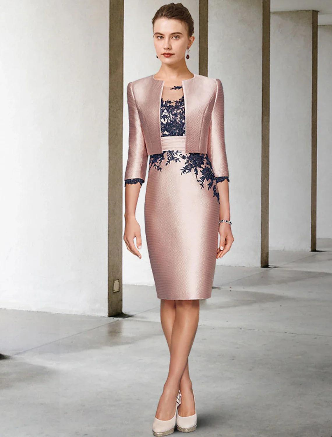 Two Piece Sheath / Column Mother of the Bride Dress Wedding Guest Church Elegant Jewel Neck Knee Length Satin Lace 3/4 Length Sleeve Short Jacket Two Piece Sheath / Column Mother of the Bride Dress Wedding Guest Church Elegant Jewel Neck Knee Length Satin Lace 3/4 Length Sleeve Short Jacket