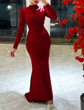 Meerjungfrau/Trompete Abendkleid Elegantes Kleid Weihnachten Sweep/Pinsel Schleppe Langarm Hoher Hals Stretch Chiffon mit Strass gerüscht