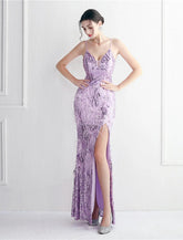 Meerjungfrau/Trompete Abendkleid Sparkle & Shine Kleid Formelle Hochzeitsgast Bodenlang Ärmellos Spaghettiträger Pailletten mit Perlenbesatz Paillettenschlitz