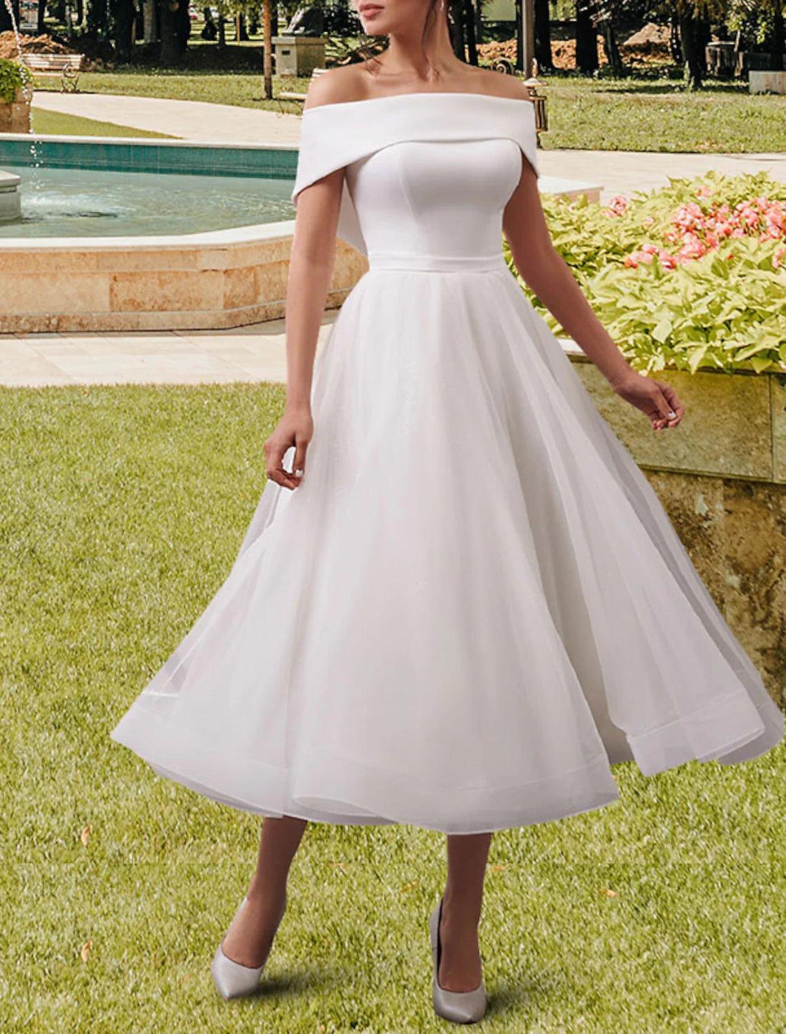NumberSea-Reception Little White Dresses Wedding Dresses A-Line Off Shoulder Cap Sleeve Tea Length Satin Bridal Gowns With Sashes / Ribbons Solid 