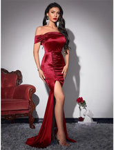 Meerjungfrau/Trompete Partykleider Vintage Kleid Hochzeit Party Sommer Sweep/Pinsel Zug Ärmellos Off Shoulder Stretch Satin mit gerüschtem Schlitz