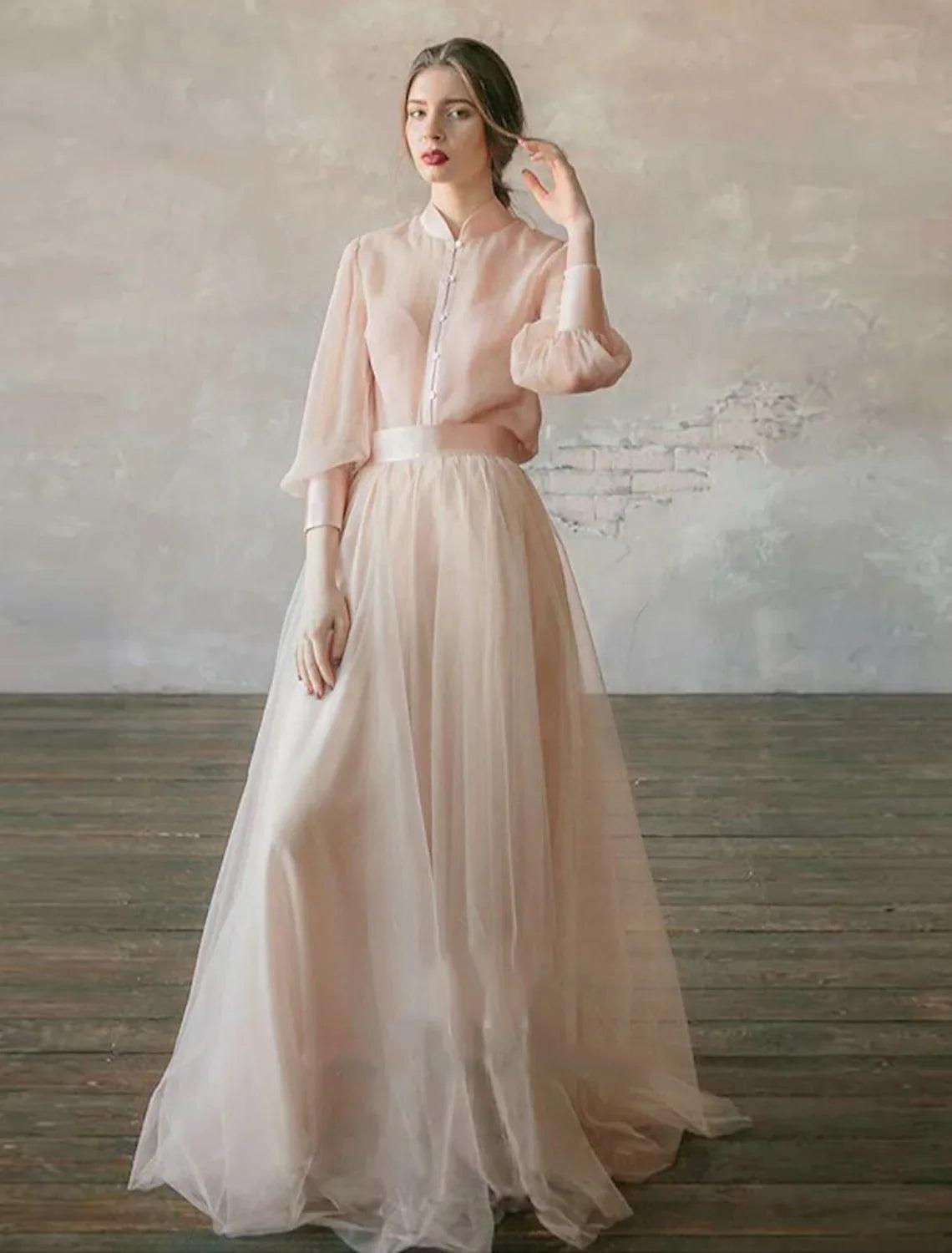 NumberSea-Two Piece Empire Minimalist Wedding Guest Formal Evening Birthday Dress Stand Collar Long Sleeve Floor Length Chiffon with Tier