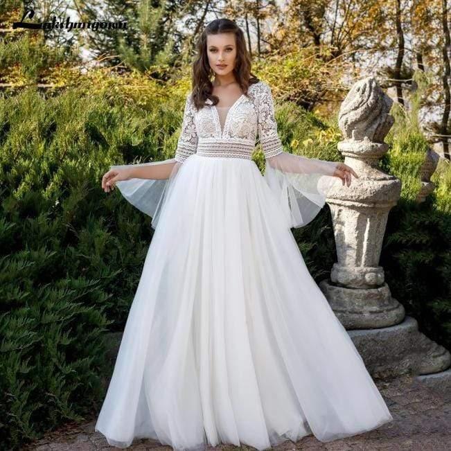 NumberSea-NumberSea Princess Flare Sleeve Wedding Dresses V Neck A Line Tulle Ivory / Custom Size NumberSea-NumberSea Princess Flare Sleeve Wedding Dresses V Neck A Line Tulle Ivory / Custom Size