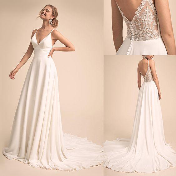 NumberSea-NumberSea Simple V Neck Spaghetti Straps Chiffon A Line Wedding Dress With Lace Back Bridal Gown 2025 NumberSea-NumberSea Simple V Neck Spaghetti Straps Chiffon A Line Wedding Dress With Lace Back Bridal Gown 2025