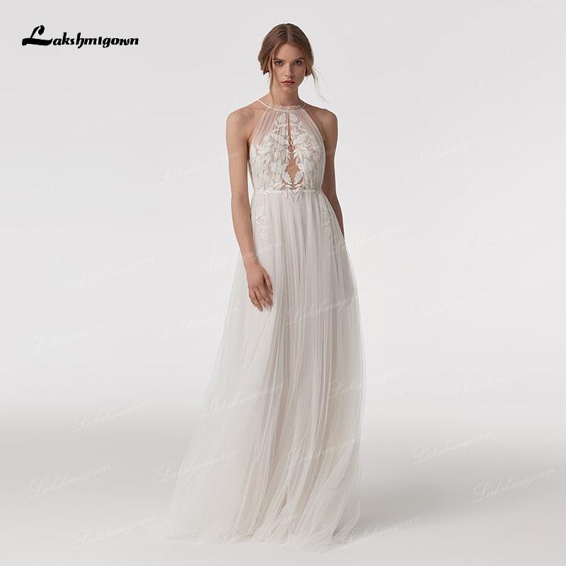 NumberSea-NumberSea Vintage Halter Neck Boho Beach Wedding Dresses vestido de novia 2021 Lace Bohemian A Line Soft Tulle Bridal Gown Sleeveless custom NumberSea-NumberSea Vintage Halter Neck Boho Beach Wedding Dresses vestido de novia 2021 Lace Bohemian A Line Soft Tulle Bridal Gown Sleeveless custom