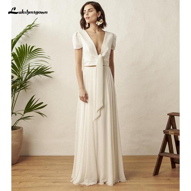 NumberSea-NumberSea Two Piece White Wedding Dress Boho Wedding Dress Simple Beach Short Sleeve Backless Robe De Mariee For women