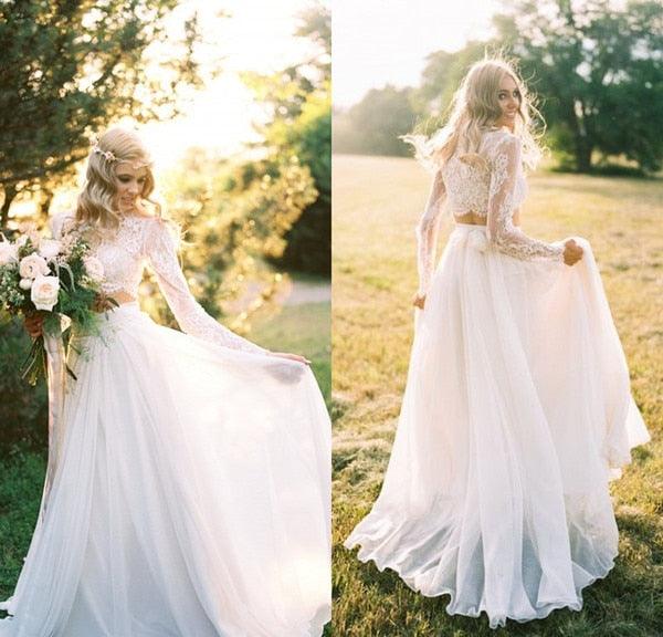 NumberSea-NumberSea Spring Summer Beach Wedding Dresses 2019 Two Pieces Chiffon Bohemian Lace Top Long Sleeve Bridal mariage de novia mariage bride