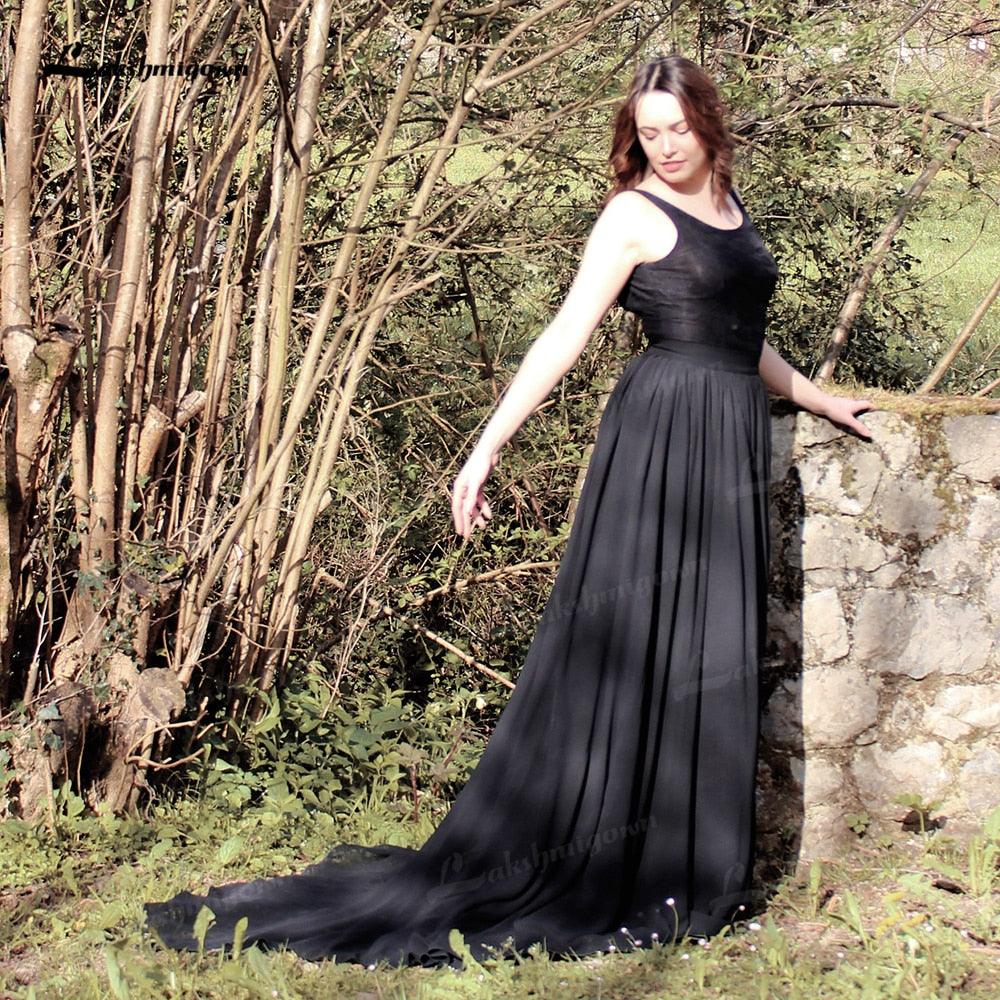 NumberSea-NumberSea Simple Black Boho Wedding Dress Scoop Neck Black Lace Gothic Wedding Gown for Halloween Elopement Outdoor Goth Wedding vestido