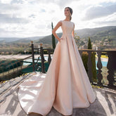 Vestidos de novia NumberSea rosas con apliques de encaje satinado, vestido de novia de manga corta, vestido de fiesta con bolsillos y botones en la espalda.