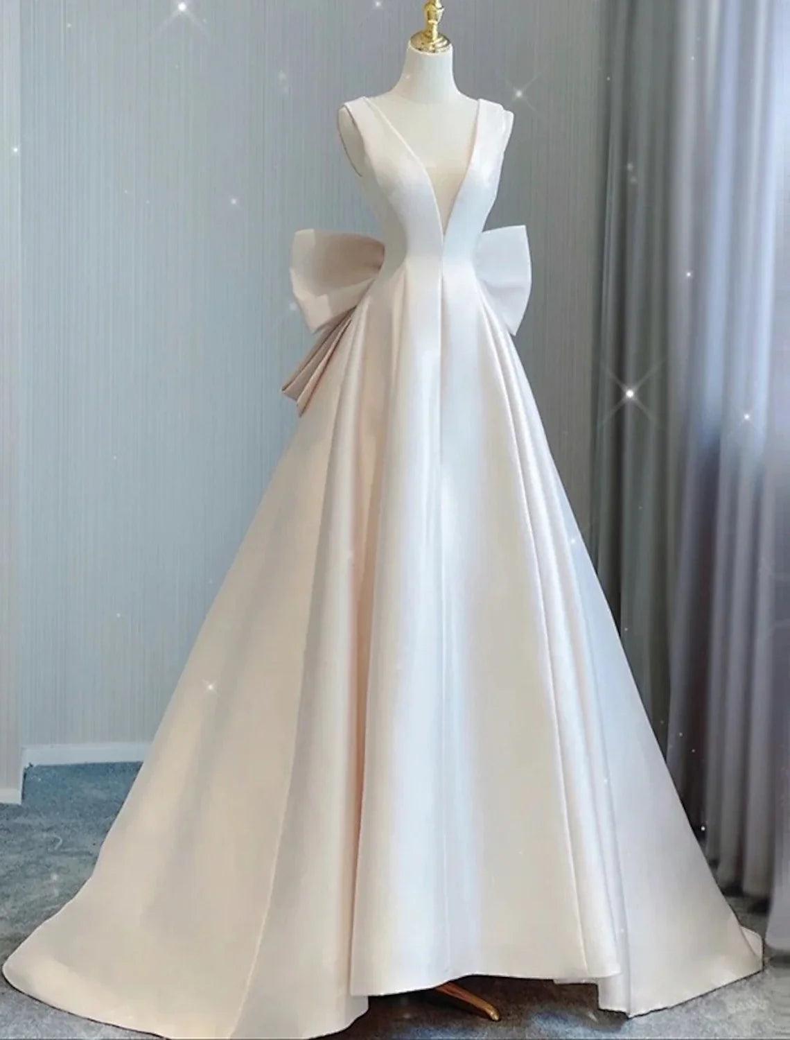 NumberSea-Reception Casual Wedding Dresses A-Line V Neck Sleeveless Court Train Satin Bridal Gowns With Bow(s) Pleats