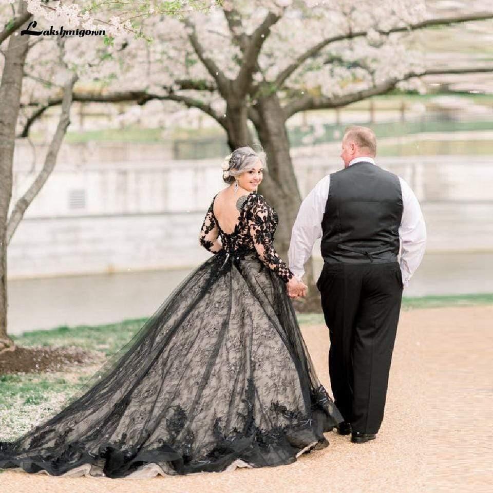 NumberSea-NumberSea Puffy Plus Size Black Wedding Dress Long Sleeve Black / 18W NumberSea-NumberSea Puffy Plus Size Black Wedding Dress Long Sleeve Black / 18W