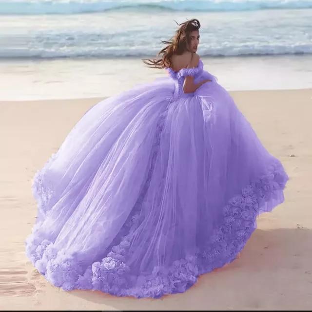NumberSea-NumberSea Romantic Poofy Pink Floral Wedding Dresses Off the Shoulder