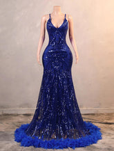 Meerjungfrau/Trompete Abendkleid Luxuriöses Kleid Karneval Bodenlang Ärmellos Spaghettiträger Afroamerikaner Pailletten mit Federstickerei