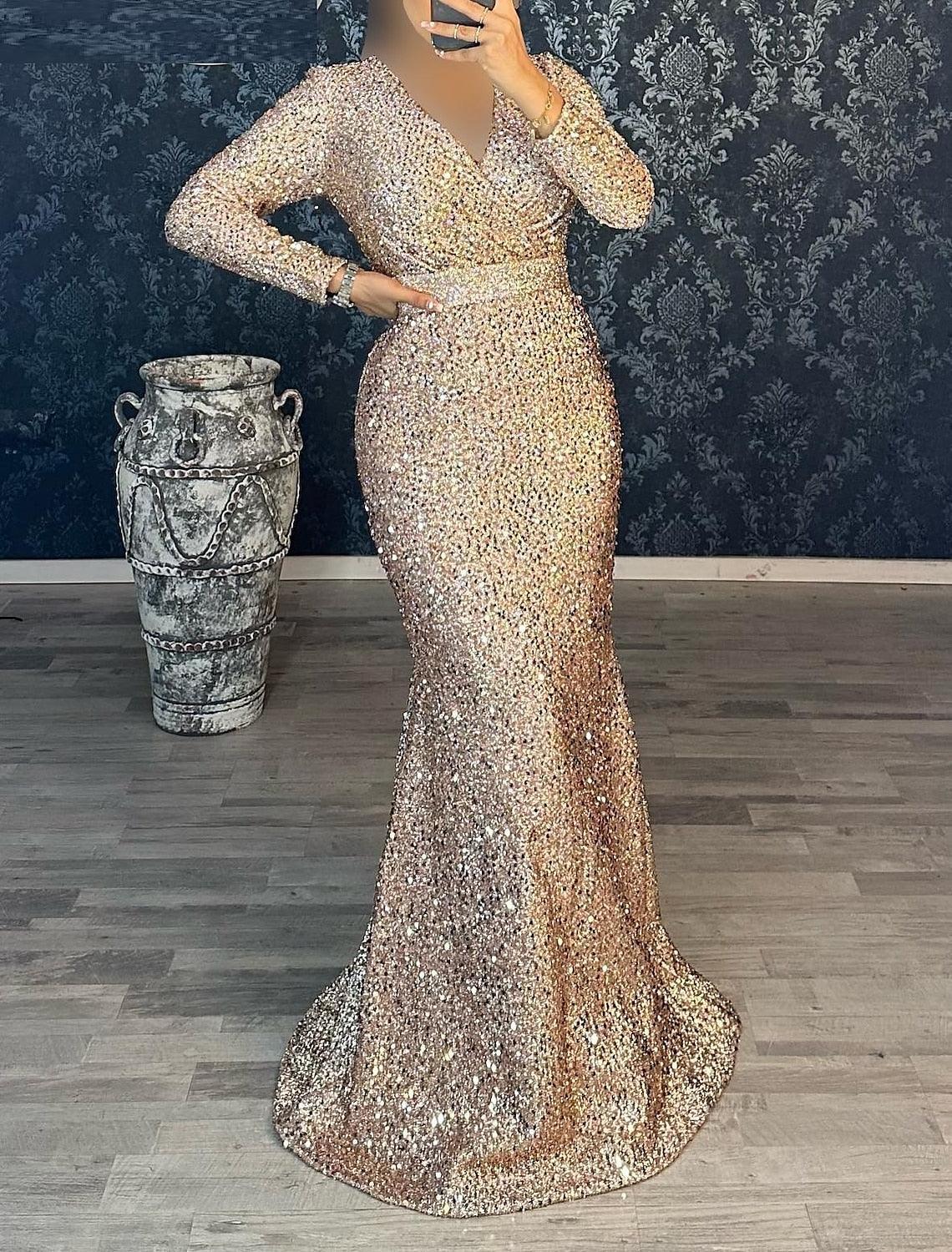 NumberSea-Mermaid / Trumpet Evening Gown Christmas Party Dress Masquerade Black Tie Floor Length Long Sleeve V Neck Belt / Sash Sequined with Ruched
