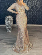 Meerjungfrau/Trompete Abendkleid Weihnachtsfeier Kleid Maskerade Schwarze Krawatte Bodenlang Langarm V-Ausschnitt Gürtel/Schärpe Pailletten mit Rüschen