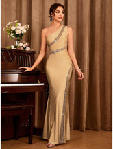 Meerjungfrau/Trompete Partykleider Sexy Kleid Hochzeit Party Semi Formal Bodenlang Ärmellos Ein Schulter Stretch Satin mit Glitter