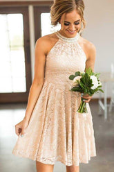 Round Neck Short Pearl Pink Lace Homecoming Party Dress with Pearls