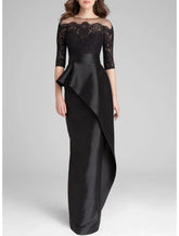 Meerjungfrau/Trompete Kleid für die Brautmutter, Hochzeitsgast, schlicht, elegant, Rundhalsausschnitt, bodenlang, Satin, Spitze, halbe Ärmel, mit Rüschen, Applikationen