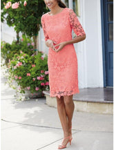 Etuikleid/Säulenkleid für die Brautmutter, Hochzeitsgast, zierlich, süß, Rundhalsausschnitt, knielang, Spitze, halbe Ärmel, einfarbig, Herbst