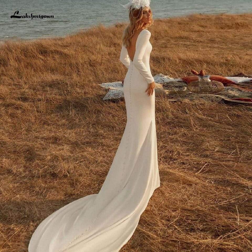NumberSea-NumberSea Satin Mermaid Wedding Dresses Sexy Backless Long Sleeves Bridal Gown