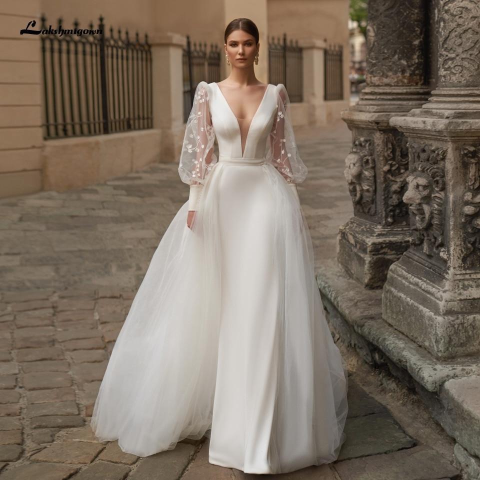 NumberSea-NumberSea Satin Wedding Dress Puffy Sleeves Sexy Birdal Princess