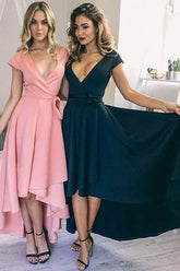 Sexy V Neck Cap Sleeves Satin High Low Homecoming Dress