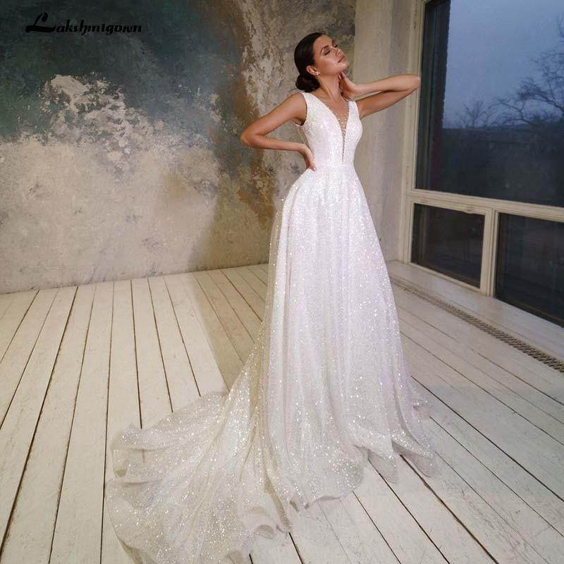 NumberSea-NumberSea Sexy V-Neck shiny tulle Wedding Dresses Beaded Sexy Backless Beautiful Long Women Wedding Wear Custom Vestidos De Mariee