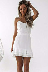 Sheath Spaghetti Straps Pleated White Satin Homecoming Dress