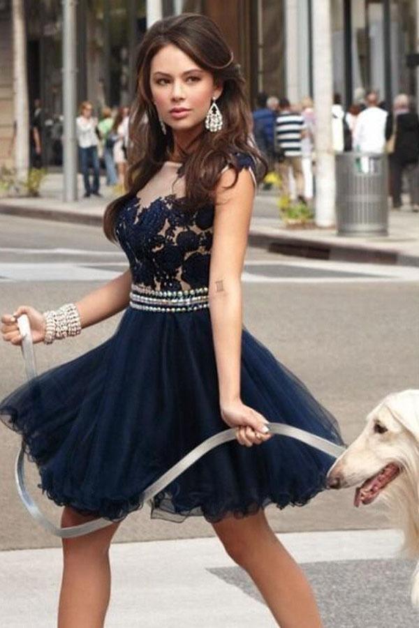 NumberSea-Short Navy Blue Homecoming Dress with Appliques Beading PG190