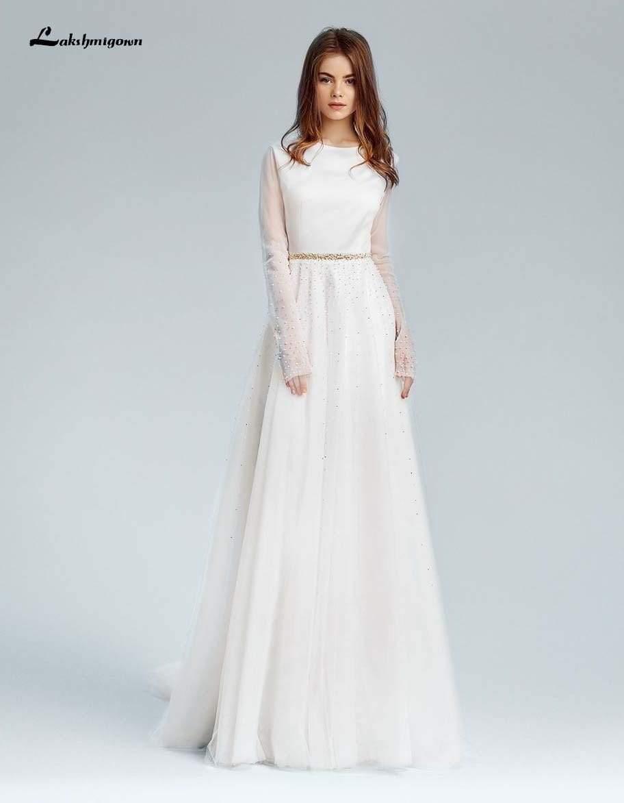 NumberSea Simple A-Line Modest Wedding Dresses with Long Sleeves, Customize Color / Custom Size NumberSea Simple A-Line Modest Wedding Dresses with Long Sleeves, Customize Color / Custom Size