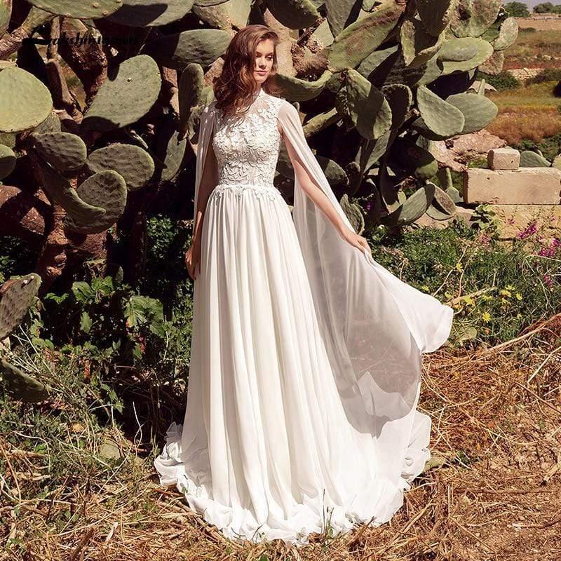 NumberSea-NumberSea Simple Beach Boho Wedding Dresses with Cape Open Back Lace