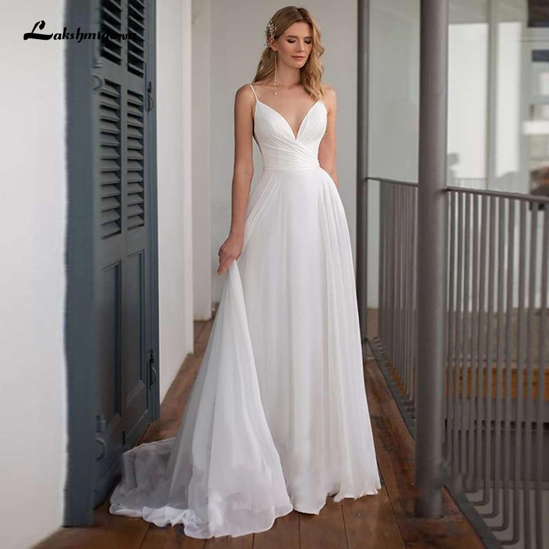 NumberSea-NumberSea Simple Chiffon Wedding Dress Spaghetti Straps V Neck
