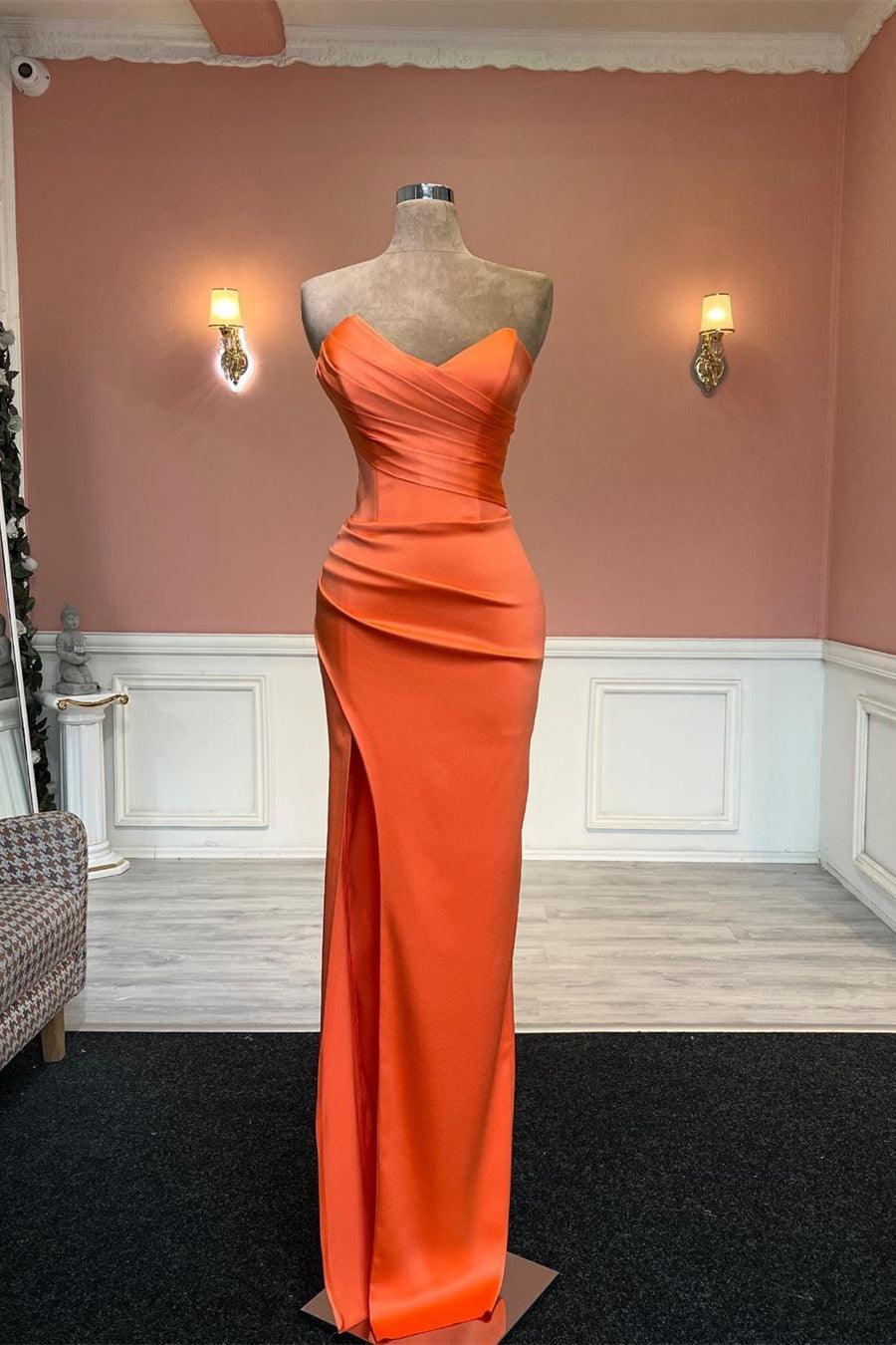 NumberSea-Simple Long Orange Mermaid Strapless Satin Prom Dress With Slit