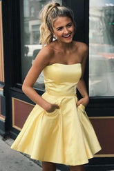 Simple Strapless Short Prom Dress Yellow Homecoming Dress with Pockets