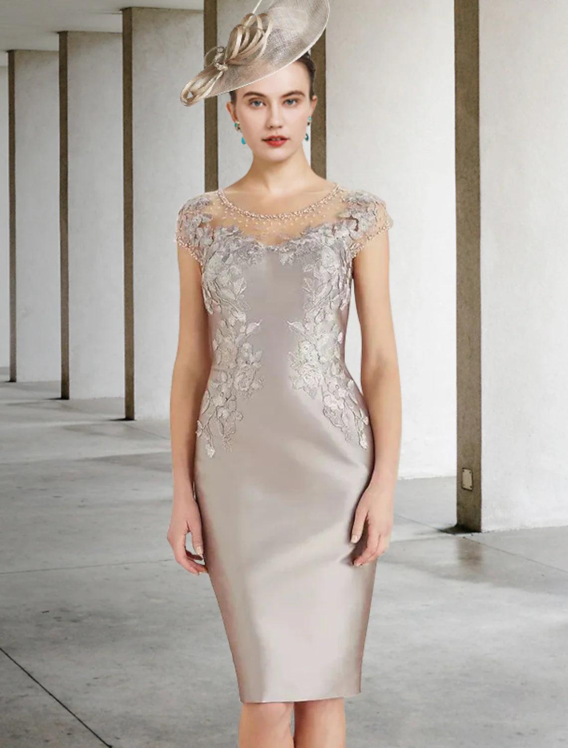Sheath / Column Mother of The Bride Dress Wedding Guest Luxurious Elegant Jewel Neck Knee Length Lace Charmeuse Cap Sleeve with Beading Appliques Fall