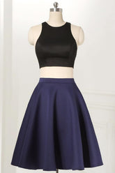 Straight Two Piece Sleeveless Knee-Length Black Homecoming Dress