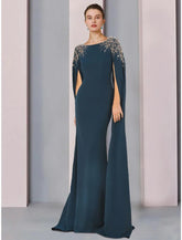 Meerjungfrau/Trompete Mutter der Braut Kleid Hochzeitsgast Elegante U-Ausschnitt Sweep/Pinsel Schleppe Stretch Chiffon Lange Ärmel mit Pailletten Rüschen