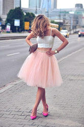 Two Piece Tulle Pink Spaghetti-Strap Sleeveless Homecoming Dresses